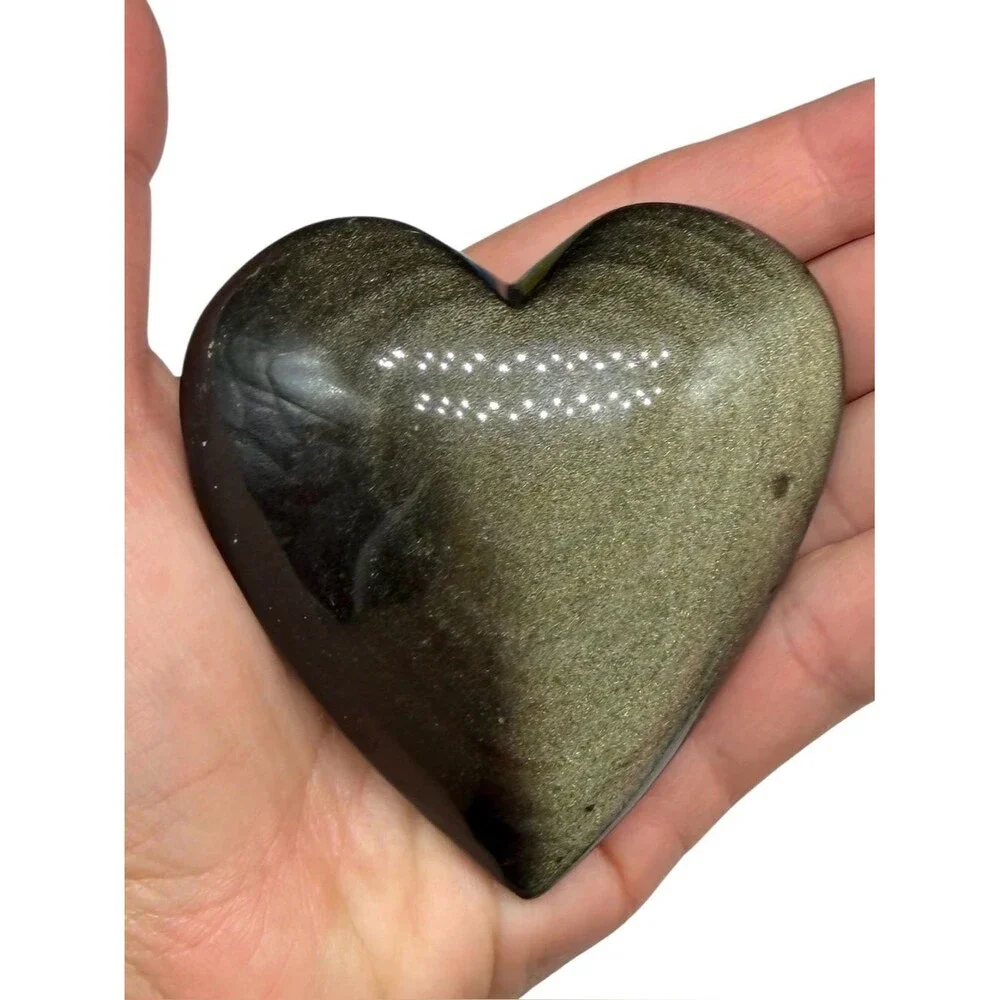 Gold Sheen Black Obsidian Heart Shaped Crystal Stone Puffy Carved Carving